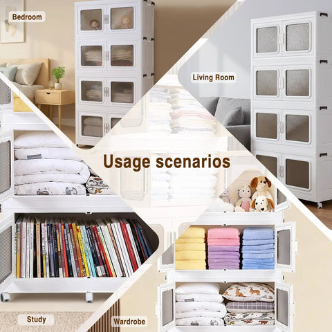 Hella Sturdy Stackable Storage Bins With Snap Shut Lids And Smooth Rolling Wheels For Closet Organization shown in various usage scenarios.