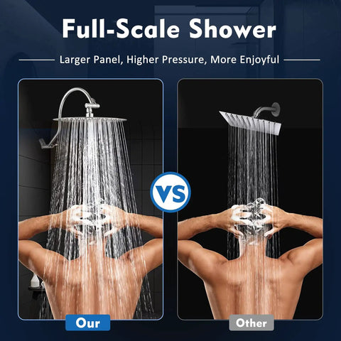 Comparison of All Metal 10 Inch Rainfall Shower Head Kit With 12 Inch Adjustable Arm and typical shower for pressure and size.