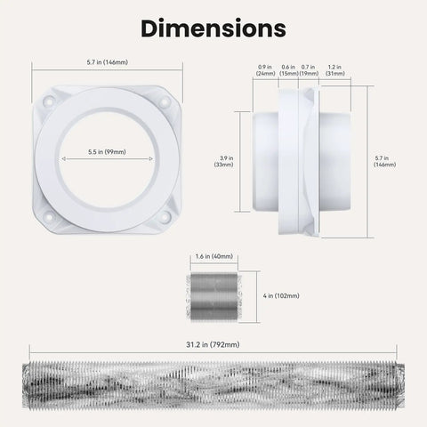 Strong Magnetic Dryer Vent Connector Kit White Self Aligning Mag Coupling dimensions diagram with measurements for standard flex hose setup.