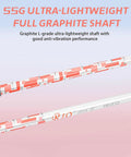 55g ultra-lightweight graphite shaft with red and white design; part of Womens 4 Piece Golf Club Set Right Handed With Lightweight Graphite Shafts Easy Handling With Soft Grips Driver Irons Putter And Golf Bag Beginner Friendly Starter Kit In Multiple Color Options