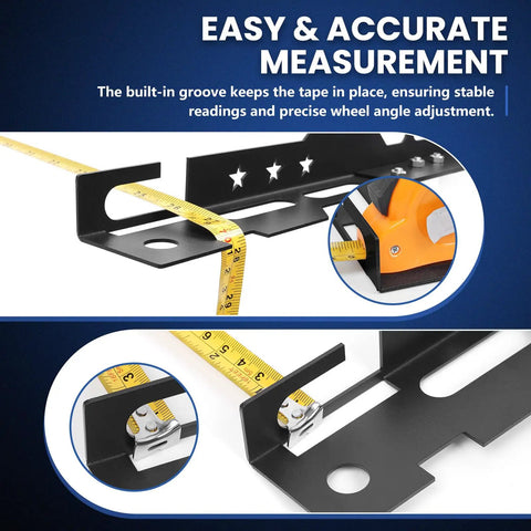 Lock That Factory Straight Look With This Pretty Solid Knock Down Wheel Alignment Kit Featuring Removable Toe Plates Center Bar And Dual Measuring Tapes detailed with measuring tape for accurate adjustments.