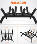 14 Inch Fireplace Log Grate With Ember Retainer Heavy Duty Steel Firewood Rack, showing size dimensions and four-leg design.