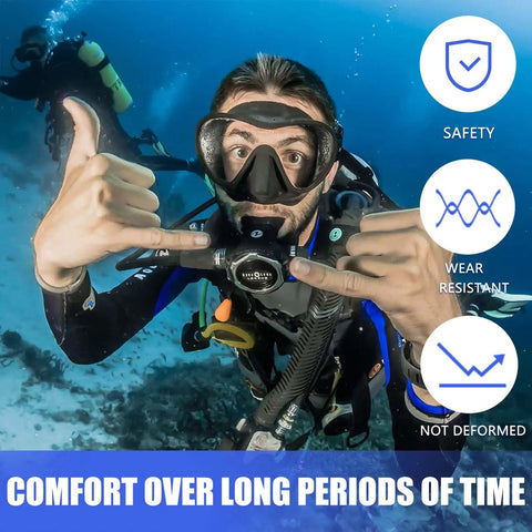 Diver using Silicone Scuba Diving Mouthpiece Regulator Replacement With Regulator Tie underwater, comfort over time.