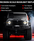 1/12 Scale RC Crawler Ready for Off Road Action Rock Truck with headlights, GWM Tank 300 inspired, showcasing replica lighting features