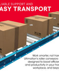 Ultimation Light Duty Roller Stand With Adjustable Steel Conveyor Rollers Galvanized 12 Inch By 5 Feet with boxes in use.