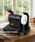 Rock Solid Dual Wheel Workbench With Integrated Grinding Station White Compact Corded Shop Table on wood surface near window