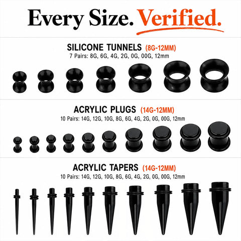 54 Piece Ear Gauge Stretching Kit For Beginners And Newbies With Jojoba Oil 14G To 12mm Starter Set Acrylic Tapers and Plugs