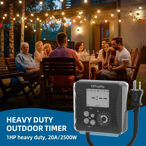Heavy Duty Outdoor Pool Timer with Rotating Dial and 6 Easy Programs waterproof design shown in backyard setting.