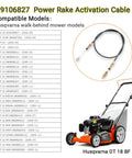 Power Rake Activation Cable Replacement For Husqvarna BG22 DT18 DT22 Dethatcher 46.5 Inch with listing of compatible models and mower