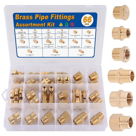 All-In-One 66 Piece Brass Pipe Fittings Kit With NPT Adapters Reducers Hex Bushings Nipples Couplings And Plugs in case
