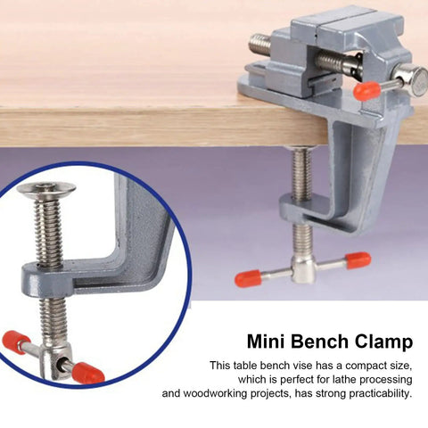 Rock Solid Mini Bench Vise, Clamp On Table Workstation Setup with compact design for woodworking and lathe jobs.