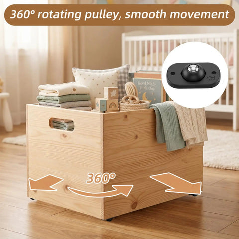 Self Adhesive Caster Wheels With 360 Swivel Appliance Sliders Deliver Smooth Sailing For Heavy Home Gear And Provide Rock Solid Floor Safety In A Hella Tough Eight Pack on a wooden storage box.