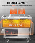 Saditesdk Commercial Deep Fryer Oil Filter Machine 300 Watt High Efficiency Pump showing 18L tank capacity and filtration speed.