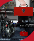 No Cap Heavy Duty Metal Tool Box With Secure Latch Lock, Portable 12 Inch Steel Storage Case For Job Sites And Backyard Builds, Durable Powder Coated Shell In Bold Red, shown hand-held and in car trunk.