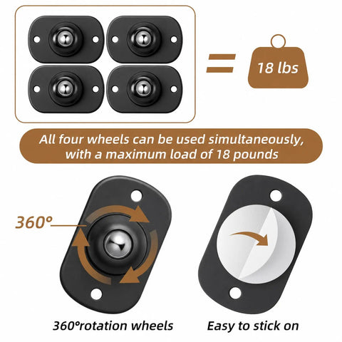 Self Adhesive Caster Wheels With 360 Swivel Appliance Sliders deliver smooth sailing for heavy home gear, showing four wheels with 18 lbs max load.