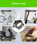 Image showing Beefy 12mm Coiled Cable Lock With Mounting Bracket For Electric Scooters And Bikes 4Ft Length Keyed Security Anti Theft Cable Lock Great For E Scooters E Bike Motorcycles, illustrating its use with bicycle, scooter, motorcycle, and stroller.