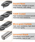 Features of Carbide Square Nose End Mill Bit 3/16 Inch Cut Diameter 4 Flutes TiAlN Coated Milling Cutter for Hardened Steel.