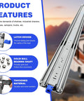 Heavy Duty Side Mount Drawer Slides With Locking Swing Handle And Tough As Nails Cold Rolled Steel Constructed To Bear 300 Pounds, showing latch design and ball bearing shaft.