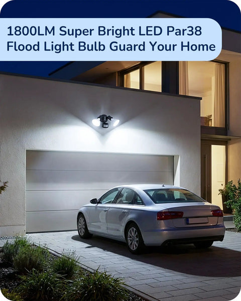 Super Bright Par38 LED Flood Light Bulbs Outdoor Dimmable 5000K Daylight 1800 Lumens Weatherproof Flicker Free 4 Pack mounted over driveway.