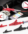 28 Piece Multimeter Test Leads Kit With Replaceable Gold Plated Probes, Alligator Clips, and Tool Bag in use on a circuit