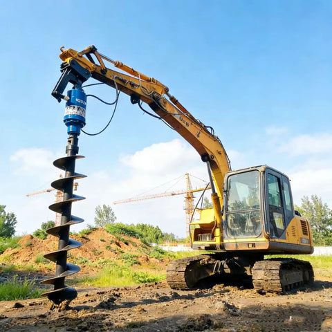 Beefy Hydraulic Earth Auger Attachment For 2-10 Ton Excavators, 2000-3500Nm Torque in use on construction site.