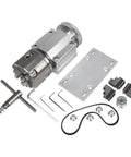 100mm No Power Multi Function Lathe Chuck Spindle Assembly with tools, 4-jaw chuck, belt, and components for CNC use