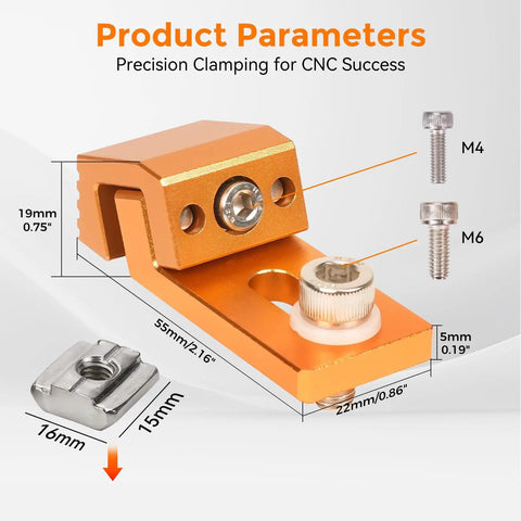 Awesome Hamwesh Low Profile Tiger Claw Clamps Made From Tough 6063 Aluminum For T Track Workbenches And CNC Router Machines With Serrated Grip And Wrenches Included For Solid Side Pressure Holding, showing product dimensions and details.