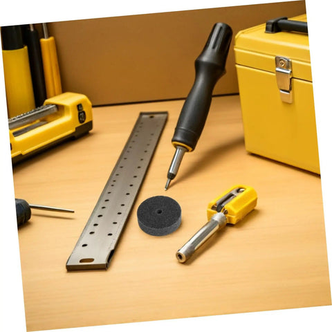 Six Pack Pro Nylon Polishing Wheels Set Featuring 75mm Size And 10mm Hole for high speed grinding next to tools on a workspace.