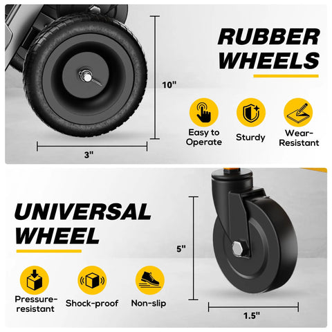 Heavy Duty 4 In 1 Convertible Hand Truck Dolly Cart With Wheels, Non Slip Handle, showing 10" rubber wheel and 5" universal wheel features.