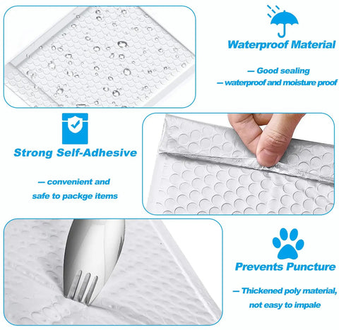 Close-up of Bubble Mailers 4x8 Inch 50 Pack Waterproof Thick Padded Self Seal Envelopes showing waterproof and puncture-resistant features.
