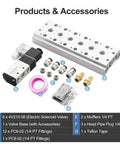 Six Station Solenoid Valve Manifold Kit With Easy Install And Space Saving Design, 24V DC Five Way Two Position Pneumatic Air Valve With One Quarter Inch PT Port, Includes Manifold Base And Mufflers, 4V210-08, components displayed