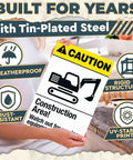 Caution Construction Area Warning Sign 8x12 Inch Aluminum for Job Sites, held by person, with durability features highlighted