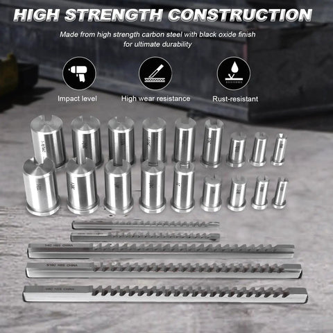 Keyway Broach Kit With Collared Bushings Shims And 30 Piece Set displayed with 5 broaches and 18 bushings for metalworking.
