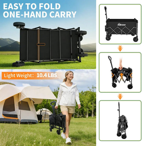 Collapsible Wagon Cart With All Terrain Wheels Foldable Beach Grocery Cart 380 Lb Heavy Duty Load Capacity Black