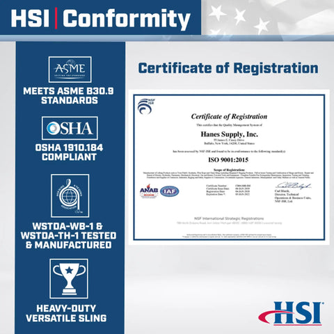HSI Conformity certificate graphic for Two Ply Nylon Type 8 Sling With Continuous Eye Beefed Up Rigging Gear 8 Inch By 30 Foot 12 Inch Eye Length 38000 Lb Vertical Capacity For Lifting And Towing