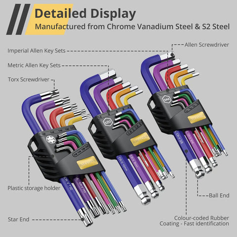 27 Piece Allen Key Set With Extra Long Ball And Star End Hex Keys T Handle Color Coded Wrenches For Bike Maintenance Metric And SAE