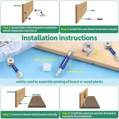 Installation instructions for Heavy Duty 285 Piece Camlock Furniture Connector Kit With Dowel Pins And Locknuts for cabinet repairs.