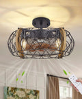 Farmhouse Caged Ceiling Fan With Light, 17 Inch Bladeless Ceiling Fan With Remote, rustic wood design in a modern room