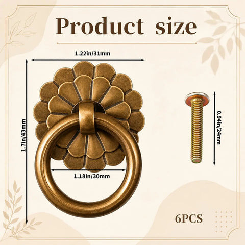 Product size of Six Piece Antique Brass Cabinet Ring Pulls Bringing A Flat Out Vintage Drop Ring Vibe To Your Kitchen Cabinets Ideal For Fast Furniture Refreshes And Smooth Daily Access.