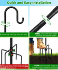 Installation steps of 62 Inch Outdoor Shepherds Hook With 5 Prong Base, showing assembly process and use in yard.