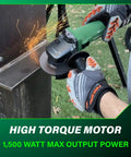 Five Inch Angle Grinder With High Torque And Brushless 12 Amp AC Motor in use cutting metal, showing sparks flying.