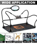 Magnetic helping hands soldering station with magnifier and PCB holder on a steel base for electronics repair and crafts.