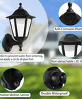 Motion Activated Outdoor Porch Light With Waterproof Exterior Sconce Featuring Motion Sensor No Fuss Easy Install Black Anti Rust Plastic LED Lamp For Front Door Garage Patio And House Exterior, showing different angles and features.