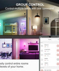 Zigbee Color BR30 Smart Flood Light Bulbs With Built In Hub controlling home lighting via smartphone app showing group control.