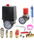 Heavy Duty Air Compressor Pressure Switch Kit With Adjustable Regulator And Dial Gauge Connector Bundle showing components and tools.