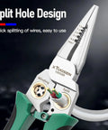 Close-up of Do It All Electrician Wire Stripper With Built In Power Meter, showing split hole design for cutting and crimping wires.
