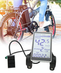 Dope LCD Display Meter for Electric Bikes 24V 36V 48V 60V, showing speed and distance on handlebar with a bike in the background.