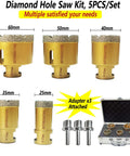 Dry And Wet Diamond Hole Saw Set, 5-Piece Core Drill Bit Kit For Ceramic Tile Marble Brick Granite, For Use With Angle Grinder, 25 35 40 50 60 Mm Holes, Vacuum Brazed, Includes Easy Carry Storage Box, adapters, and case visible