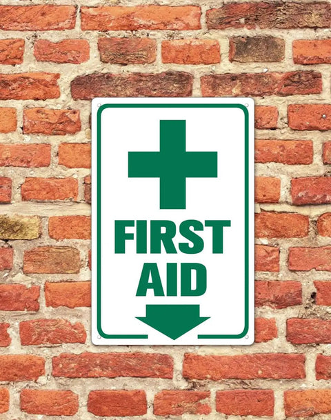 Heavy Duty Aluminum First Aid Sign 8x12 Inch Weatherproof And Rust Resistant Pre Drilled For Easy Mounting Ideal For Workplace School Hospital Factory Warehouse And Outdoor Use mounted on brick wall