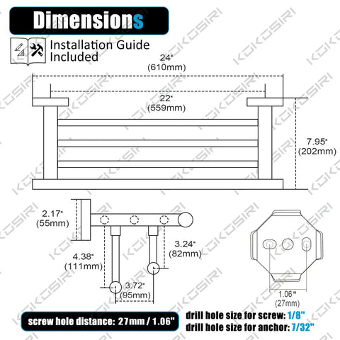 Diagram of Matte Black Bath Towel Rack With Double Towel Bars 24 Inch Wall Mounted Stainless Steel Shelf Rustproof with measurements